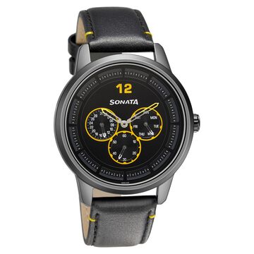 Sonata Quartz Analog Black Dial Leather Strap Watch for Men
