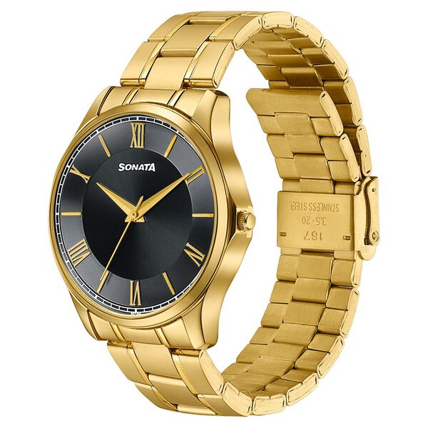 Sonata Traditional Essentials Black Dial Gold-Tone Stainless Steel Strap Watch - image number 2