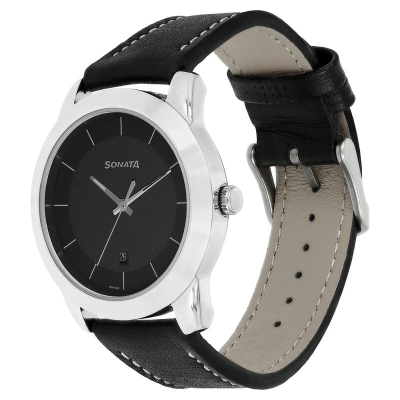 Sonata Quartz Analog with Date Black Dial Leather Strap Watch for Men - image number 2