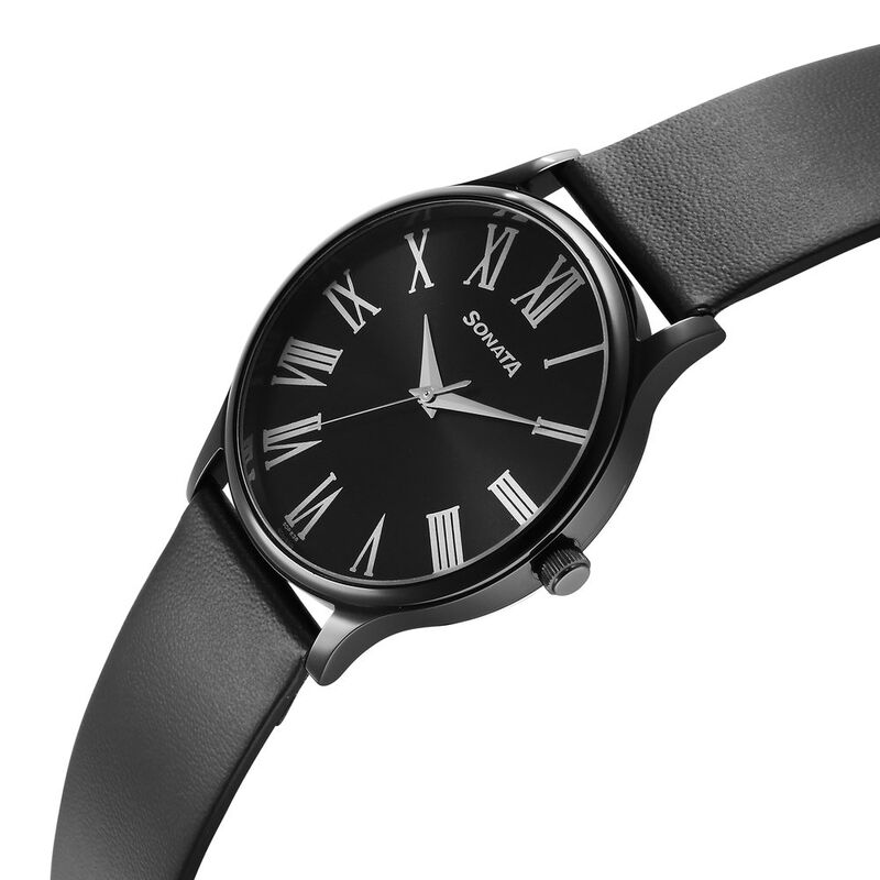Sonata Aspire Quartz Analog Black Dial Leather Strap Watch for Men
