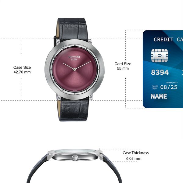 Sonata Sleek Burgundy Dial Silver-Tone Leather Strap Watch - image number 3