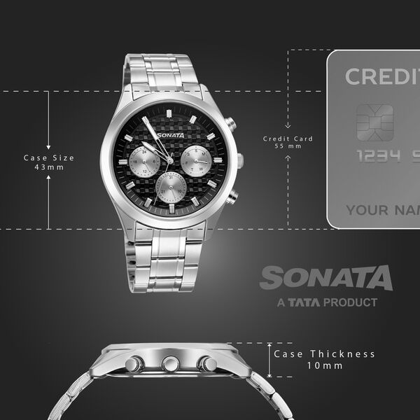 Sonata Summit Quartz Multifunction Black Dial Silver Metal Strap Watch For Men - image number 3