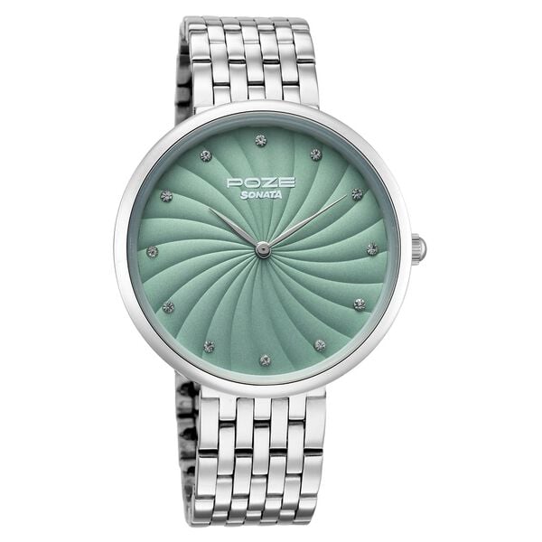 Poze By Sonata Quartz Analog Green Dial Silver Metal Strap Watch For Men - image number 1