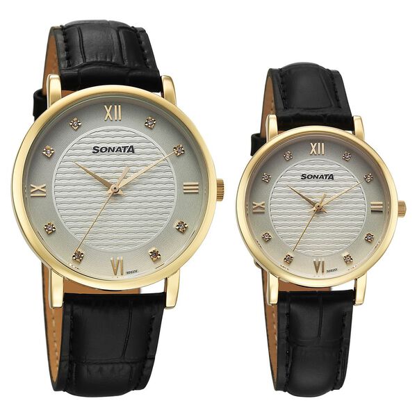 Sonata Perfect Pairs Quartz Analog Green Dial Black Leather Strap Watch For Couple - image number 0