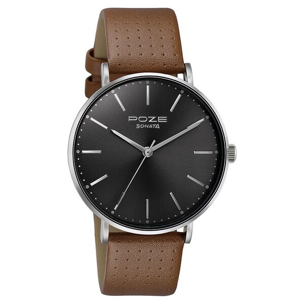 Sonata Poze Quartz Analog Black Dial Leather Strap Watch for Men - image number 2