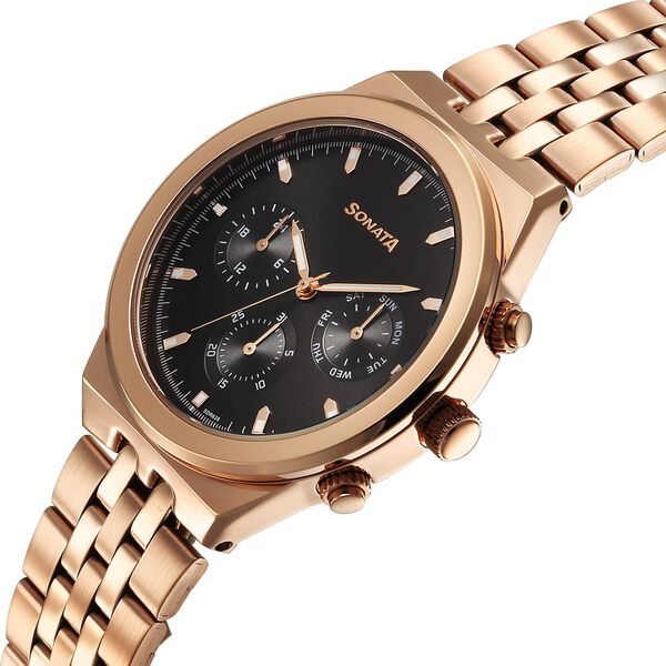Sonata Eternia Quartz Multifunction Black Dial Metal Strap Watch For Men - image number 2