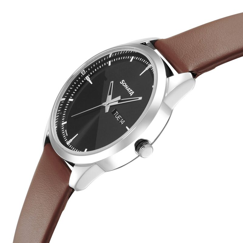 Sonata Force Quartz Analog with Day and Date Black Dial Leather Strap Watch for Men - image number 2