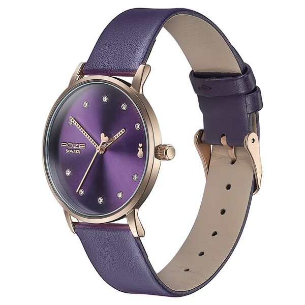 Sonata Poze Quartz Analog Purple Dial Leather Strap Watch For Women - image number 3