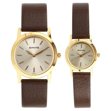 Sonata Quartz Analog Champagne Dial Stainless Steel Strap Watch for Couple