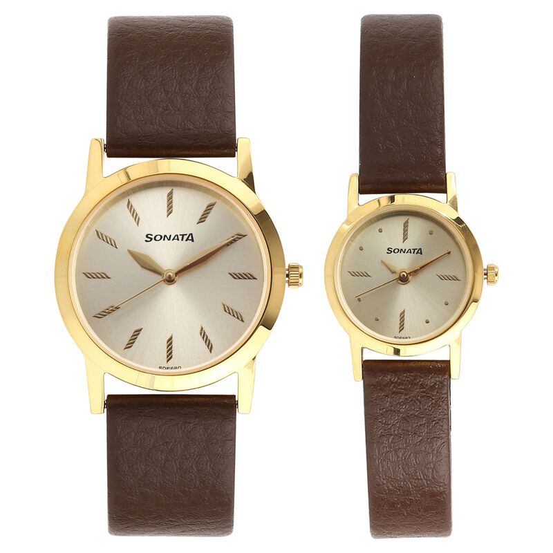 Sonata Quartz Analog Champagne Dial Stainless Steel Strap Watch for Couple - image number 0