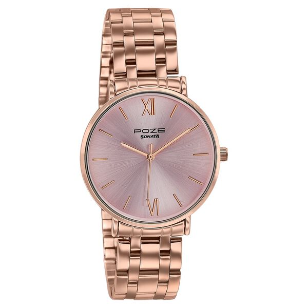 Poze By Sonata Quartz Analog Pink Dial Rose Gold Stainless Steel Strap Watch For Women - image number 2