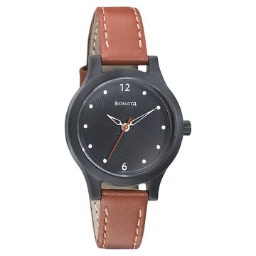 Sonata Essentials Black Dial Women Watch With Leather Strap