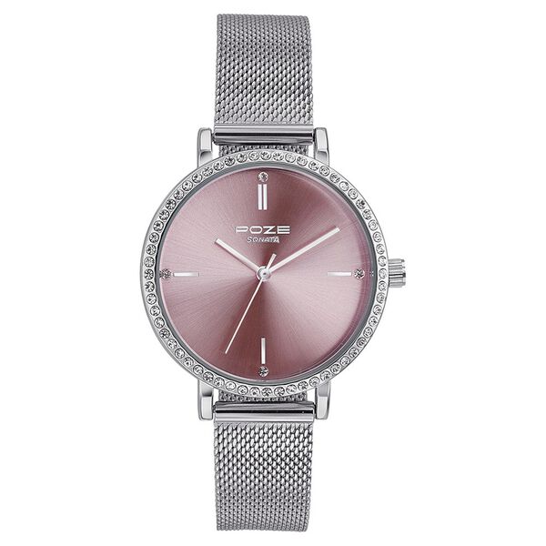 Sonata Poze Quartz Analog Pink Round Dial Silver Mesh Strap Watch For Women - image number 1