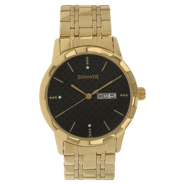 Sonata Quartz Analog with Day and Date Black Dial Stainless Steel Strap Watch for Men - image number 0