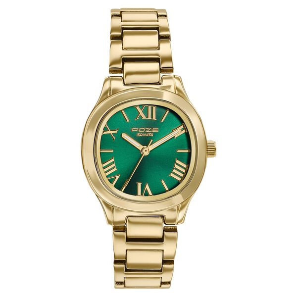 Poze By Sonata Quartz Analog Green Dial Golden Metal Strap Watch For Women - image number 1