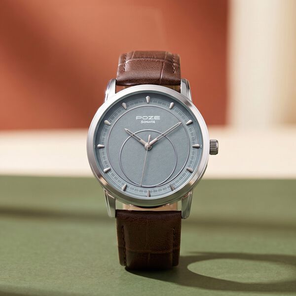 Poze By Sonata Quartz Analog Blue Dial Brown Leather Strap Watch For Men - image number 0
