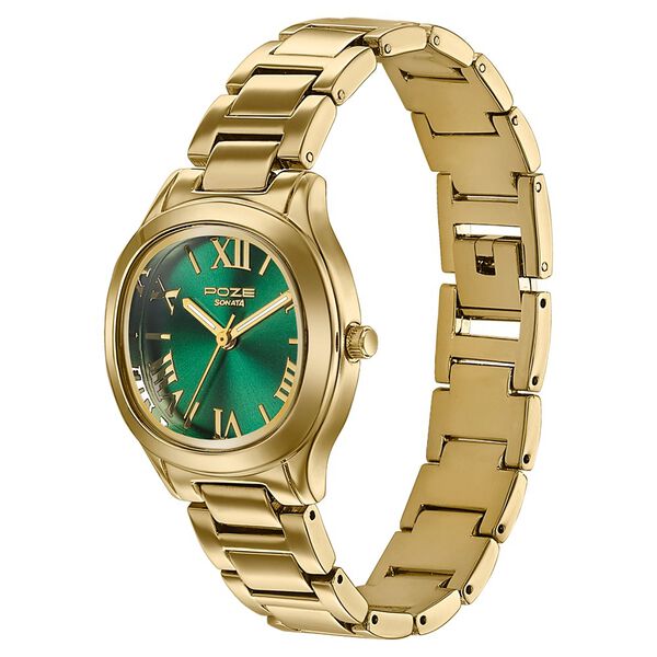 Poze By Sonata Quartz Analog Green Dial Golden Metal Strap Watch For Women - image number 4