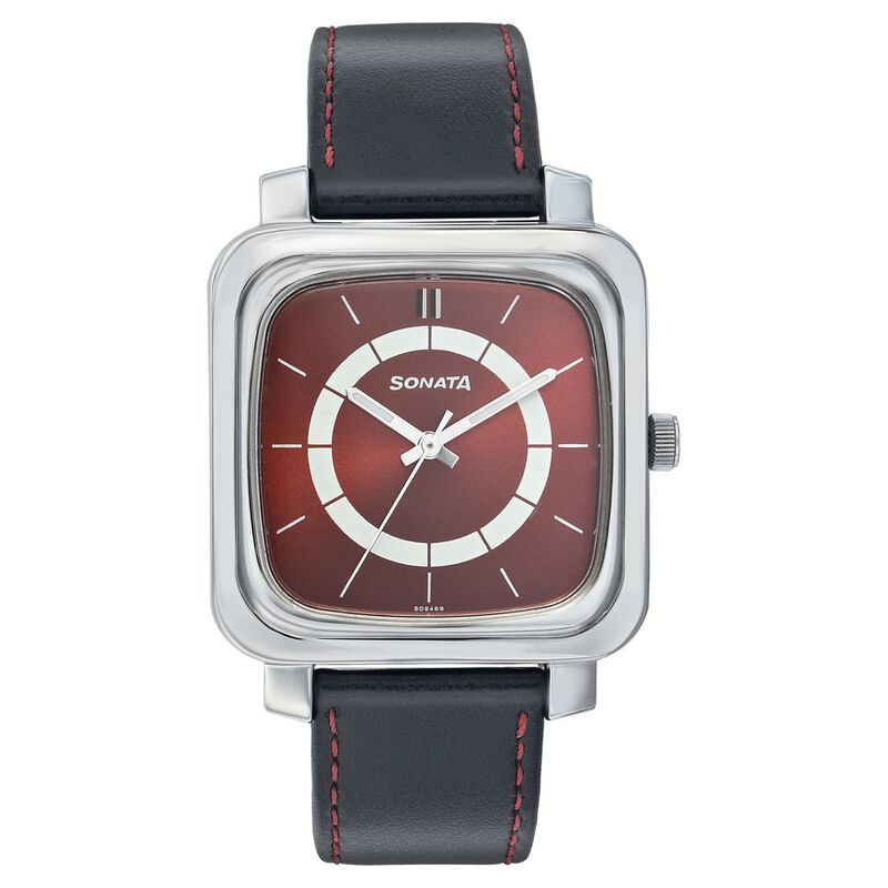 Sonata Quartz Analog Red Dial Leather Strap Watch for Men - image number 0