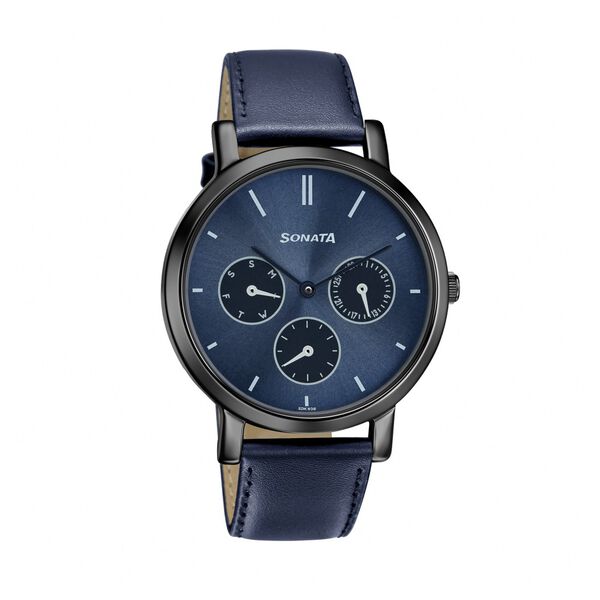 Sonata Multifunctions Blue Dial Women Watch With Leather Strap - image number 1