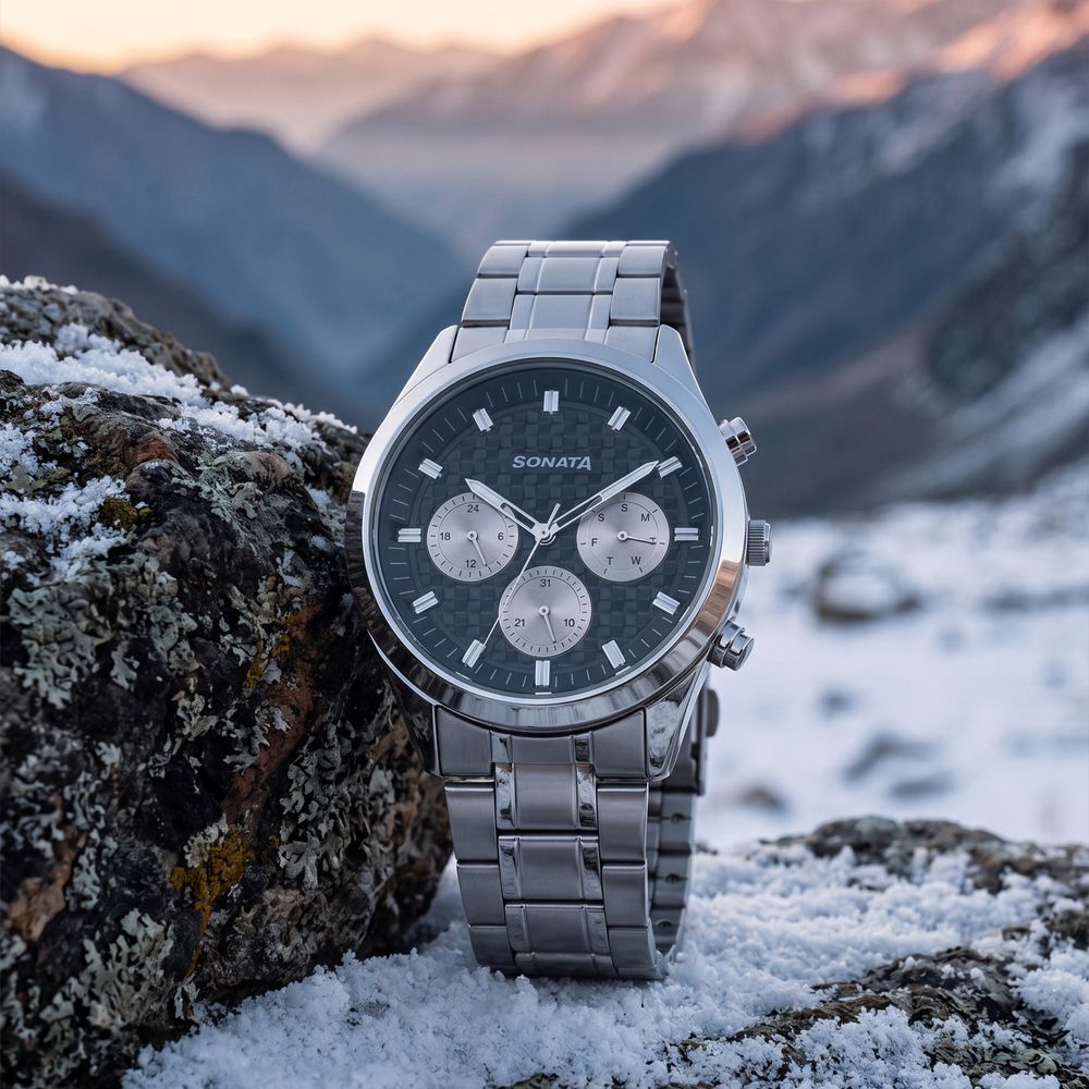 Sonata Summit Quartz Multifunction Black Dial Silver Metal Strap Watch For Men-image-40