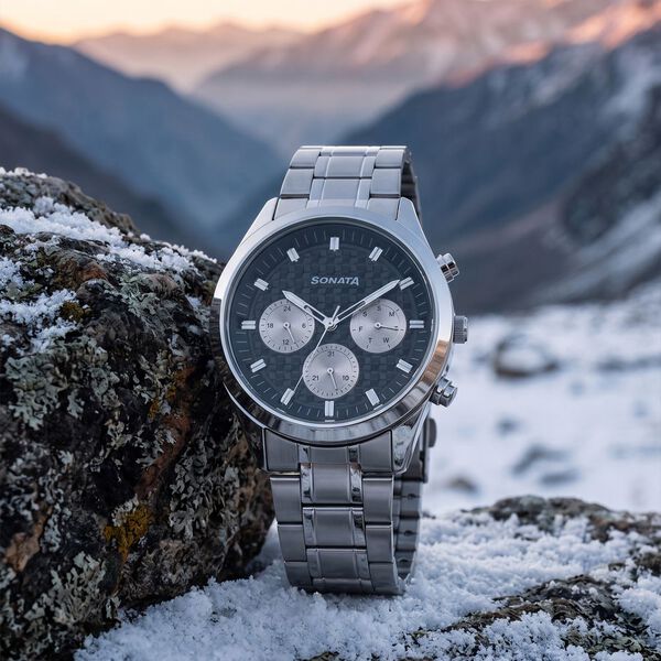 Sonata Summit Quartz Multifunction Black Dial Silver Metal Strap Watch For Men - image number 0