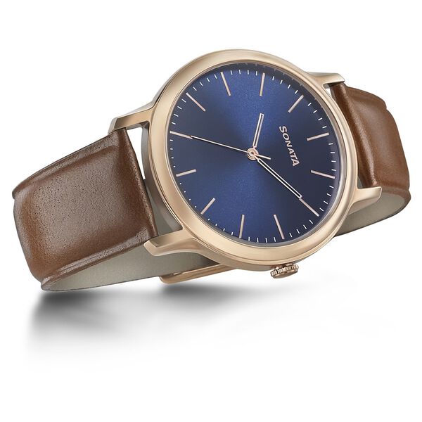 Sonata Beyond Gold Quartz Analog Blue Dial Leather Strap Watch for Men - image number 4