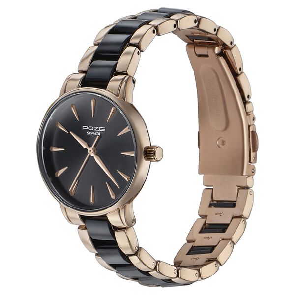 Sonata Poze Quartz Analog Black Dial Black | Rose Gold Color Metal With Crystal Strap Watch For Women - image number 3