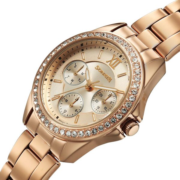 Sonata Festive Quartz Multifunction Pink Dial Metal Strap Watch For Women - image number 2