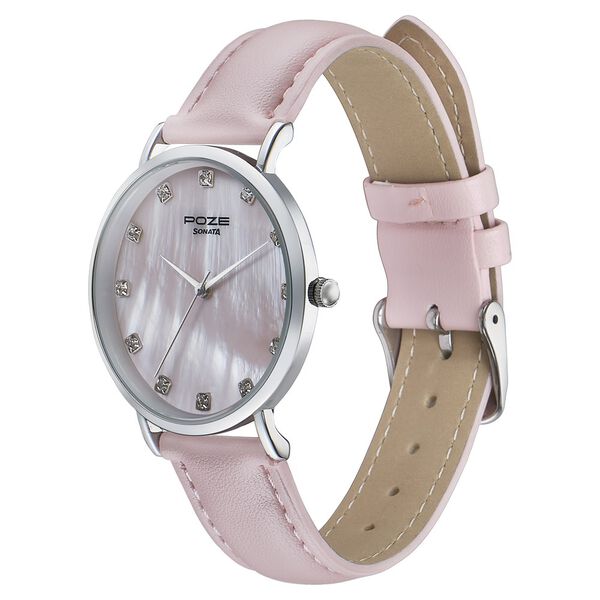 Sonata Poze Quartz Analog Pink Mother Of Pearl Dial Pink Color Leather Strap Watch For Women - image number 3