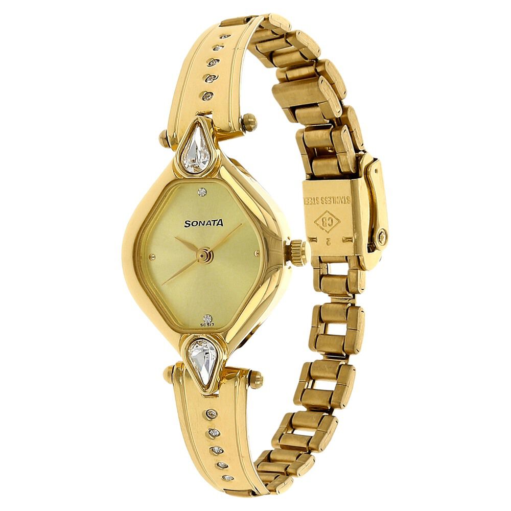 Sonata Quartz Analog Champagne Dial Stainless Steel Strap Watch