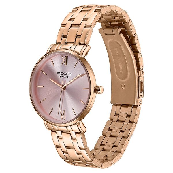 Poze By Sonata Quartz Analog Pink Dial Rose Gold Stainless Steel Strap Watch For Women - image number 4