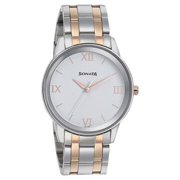 Sonata Quartz Analog White Dial Bimetal Strap Watch for Men