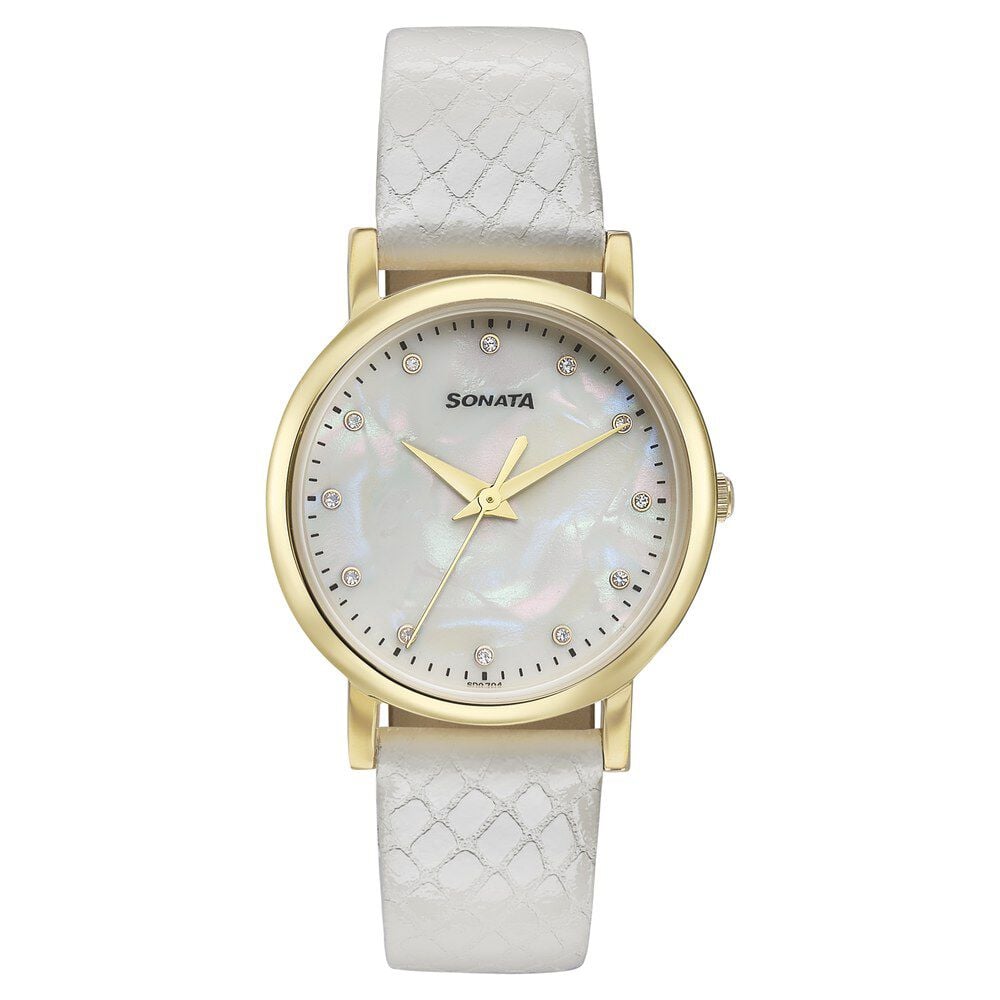 Sonata Glam Gold Quartz Analog Off White Dial Leather Strap Watch For Women-picture-24
