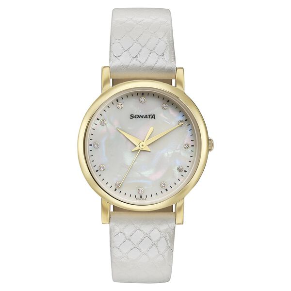 Sonata Glam Gold Quartz Analog Off White Dial Leather Strap Watch For Women - image number 0