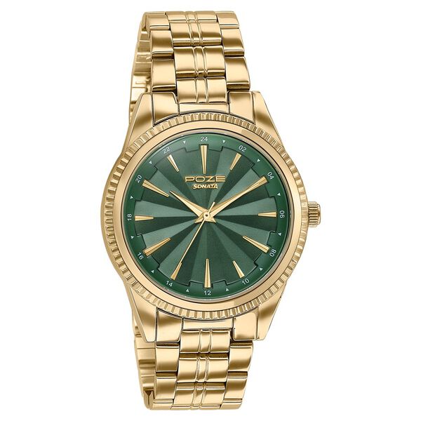 Poze By Sonata Quartz Analog Green Dial Gold Metal Strap Watch For Men - image number 2