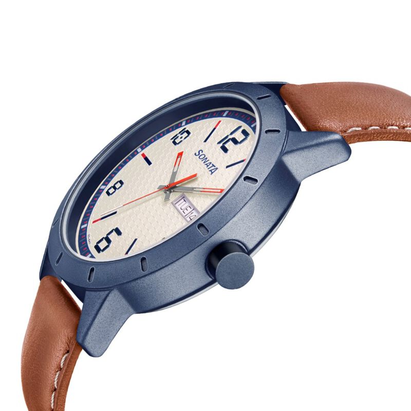 Sonata Quartz Analog with Day and Date White Dial Leather Strap Watch for Men - image number 2