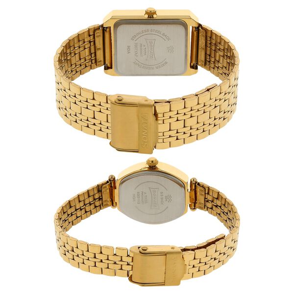 Sonata Quartz Analog with Day and Date Golden Dial Stainless Steel Strap Watch for Couple - image number 3