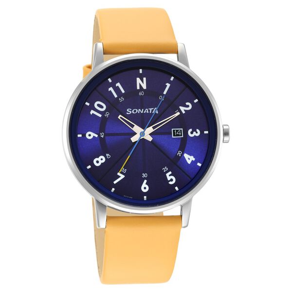 Sonata Force Quartz Analog with Date Blue Dial Leather Strap Watch for Men - image number 0