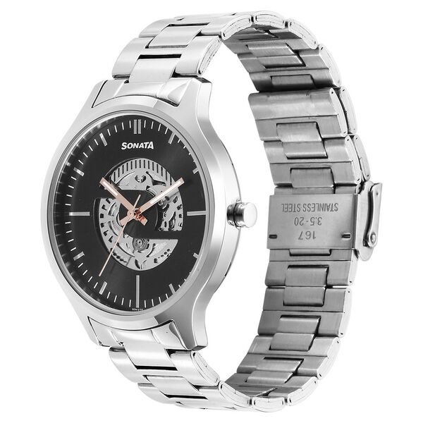 Sonata Unveil Quartz Multifunction Black Dial Stainless Steel Strap Watch for Men - image number 1