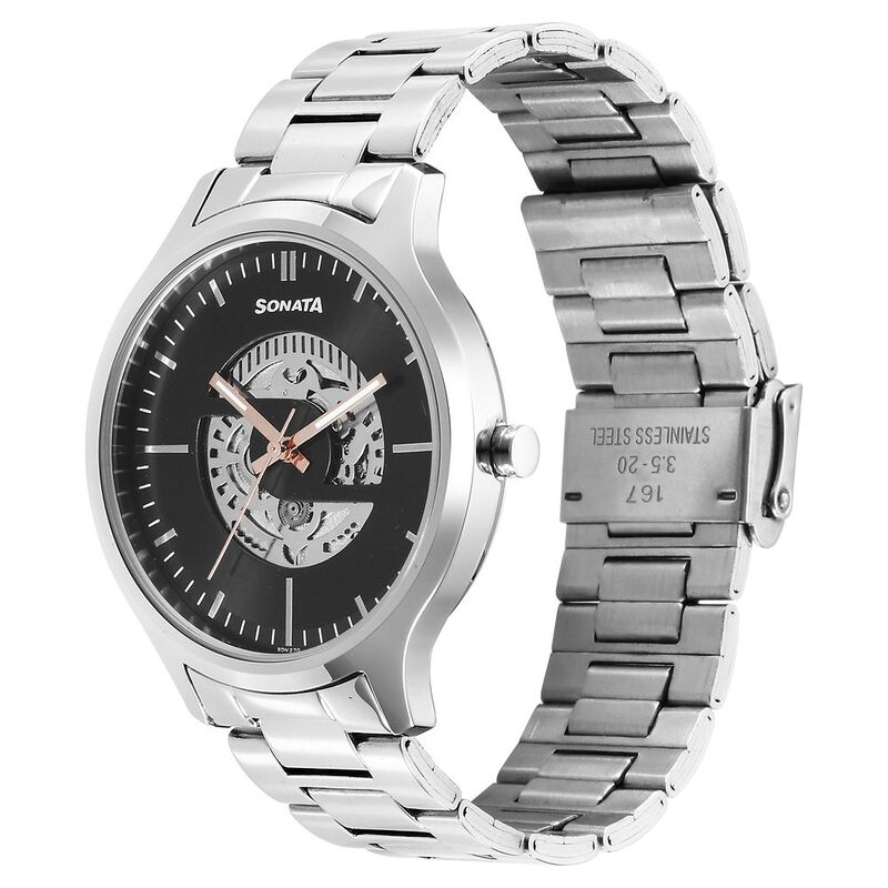 Sonata Unveil Quartz Multifunction Black Dial Stainless Steel Strap