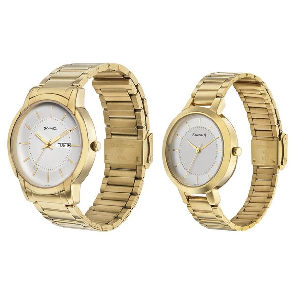 Sonata Quartz Analog White Dial Metal Strap Watch for Couple - image number 1