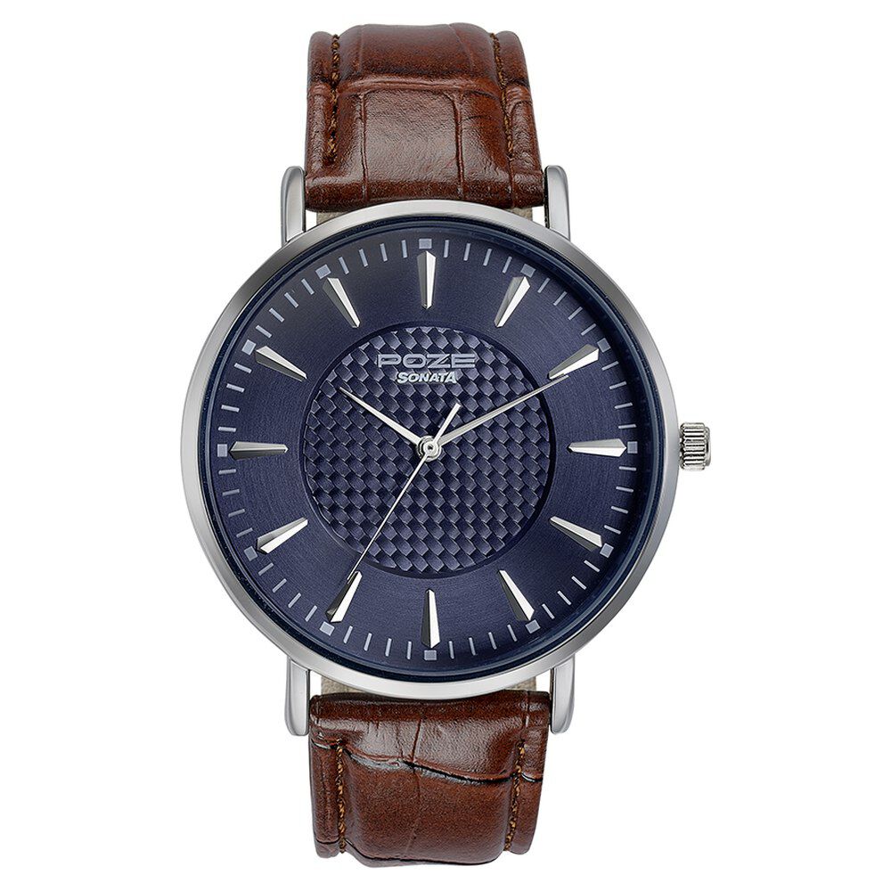 Buy Online Sonata Poze Quartz Analog Blue Dial Leather Strap Watch for Men sp70023sl01w p Sonata