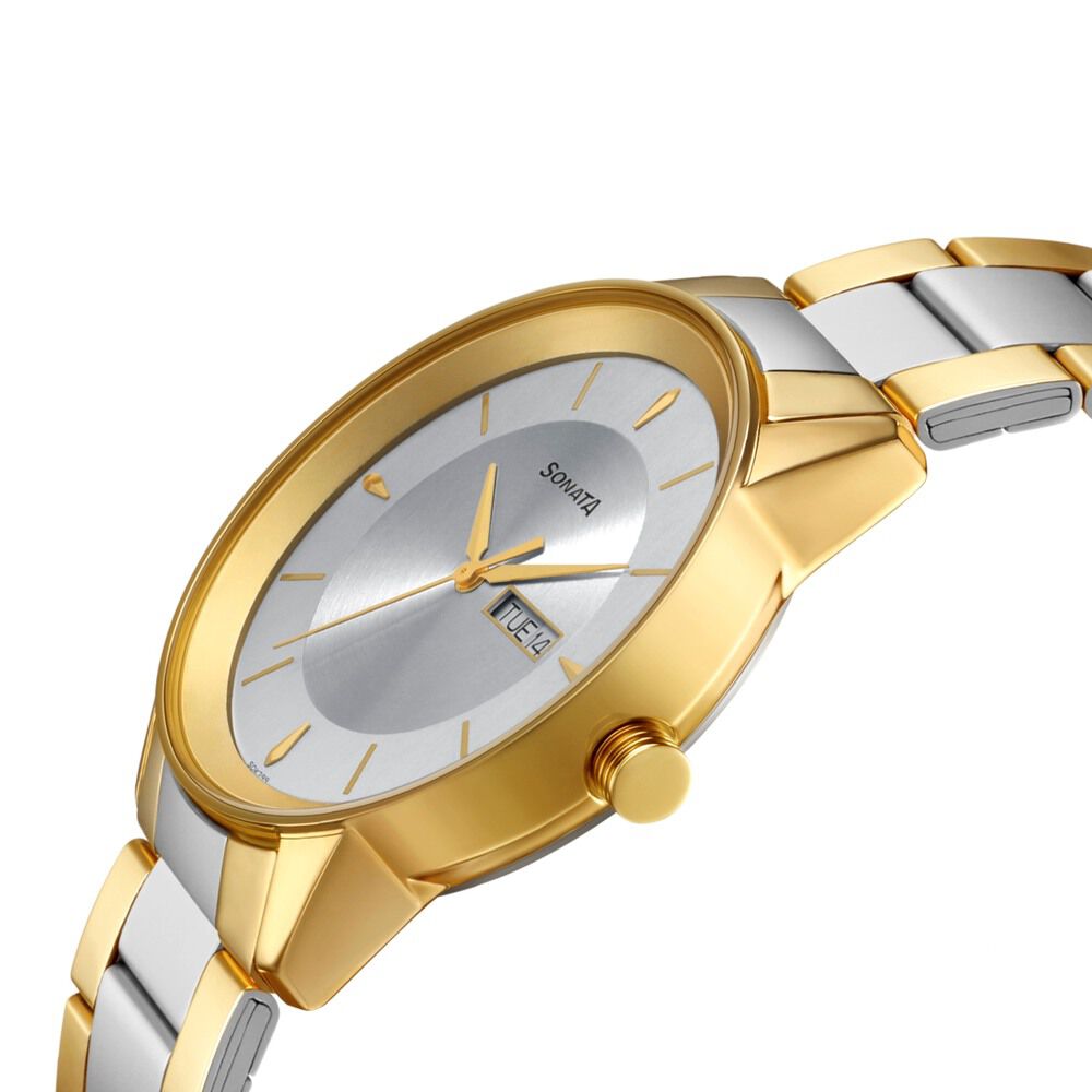 Sonata Quartz Analog with Day and Date Silver Dial Stainless Steel