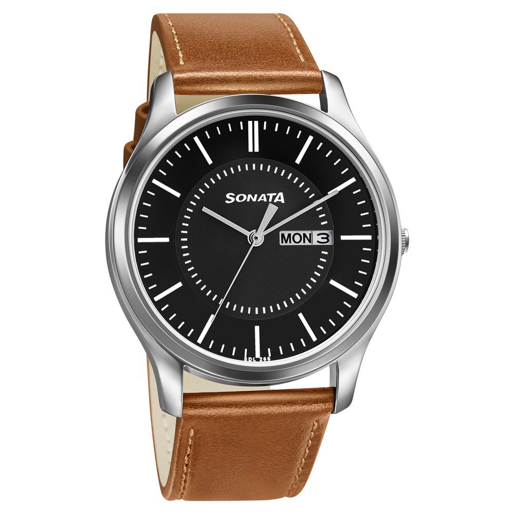 Sonata Quartz Analog with Day and Date Black Dial Leather Strap