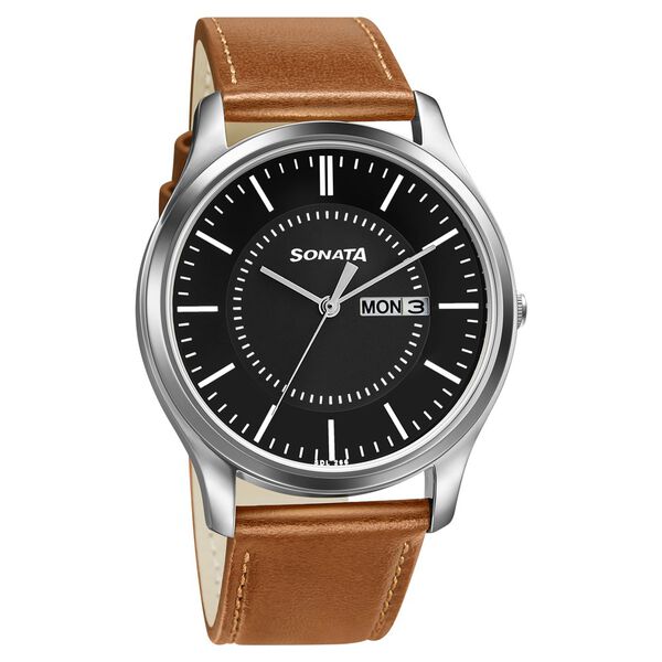 Sonata Quartz Analog with Day and Date Black Dial Leather Strap Watch for Men - image number 0