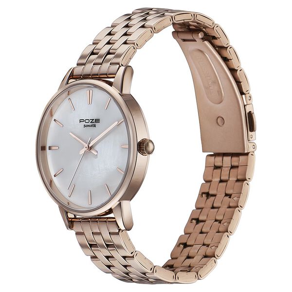 Sonata Poze Quartz Analog Mother of Pearl Round Dial Rose Gold Stainless Steel Strap Watch For Women - image number 3
