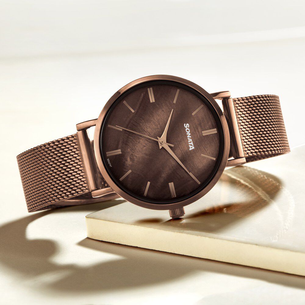 Sonata Quartz Analog Brown Dial Brown Stainless Steel Strap Watch For Women-picture-19