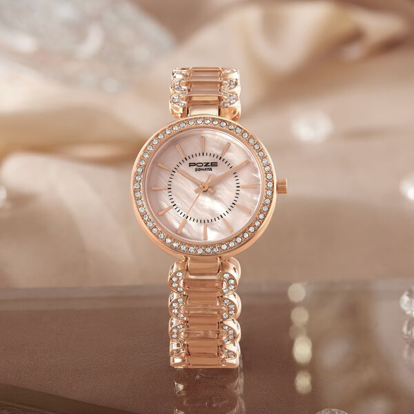 Sonata Poze Quartz Analog Pink Dial Rose Gold Color Metal Strap Watch For Women - image number 0