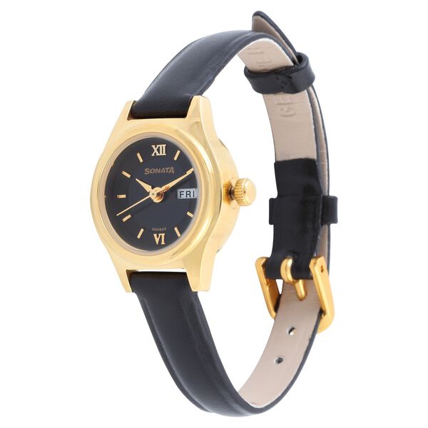 Sonata Quartz Analog with Day and Date Black Dial Leather Strap Watch for Women - image number 1