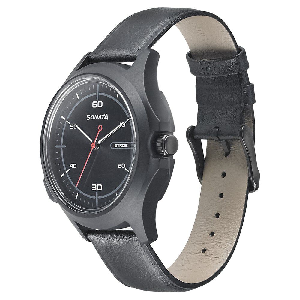 Buy Online Sonata Stride Smart Black Dial Leather Strap Watch for Men 7130pl03 Sonata